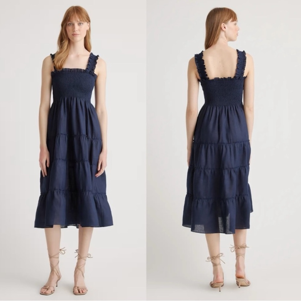 QUINCE 100% European Linen Smocked Midi Dress in Deep Navy